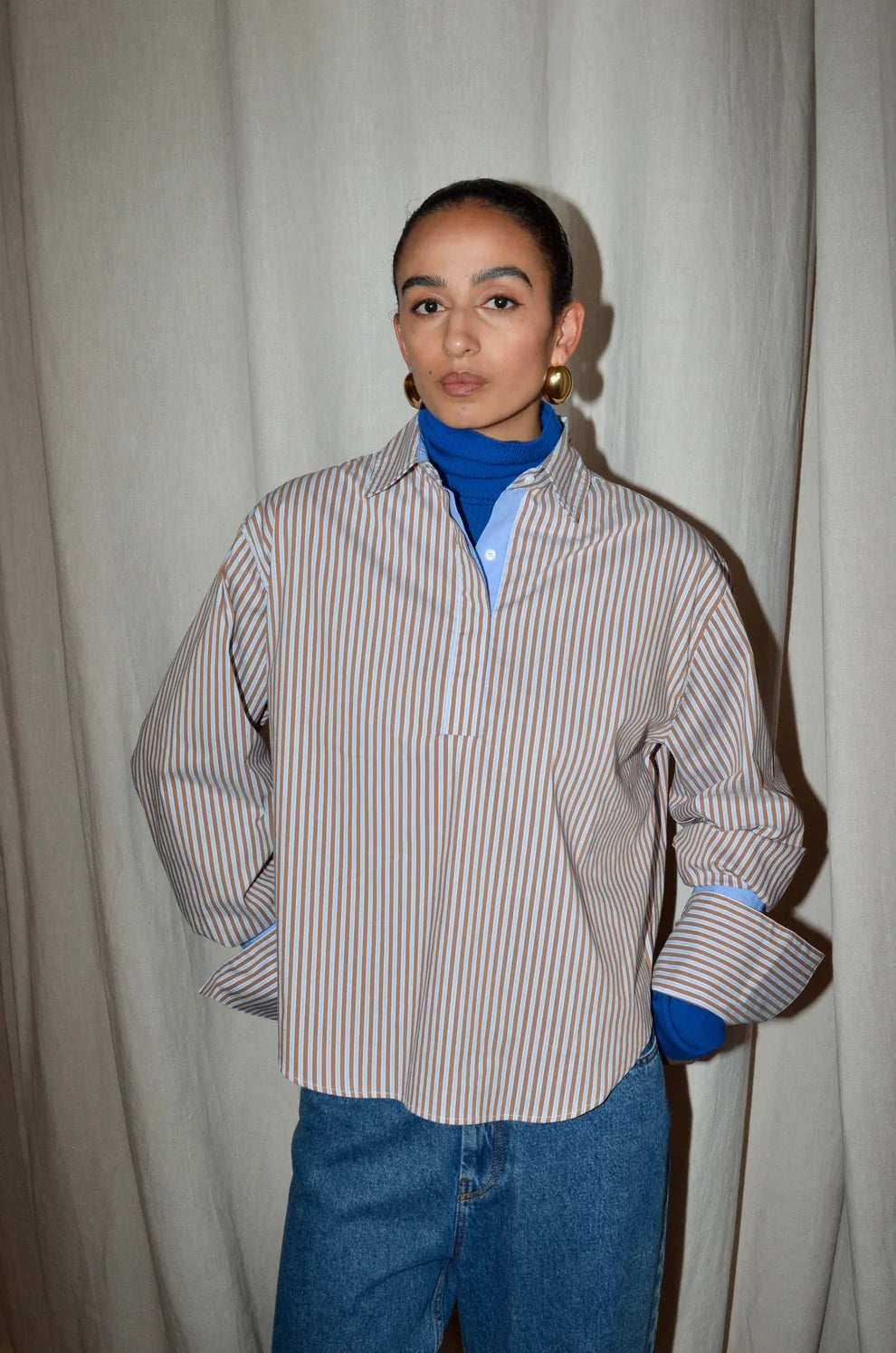 TAEGAN SHIRT - PECAN BLUE STRIPES