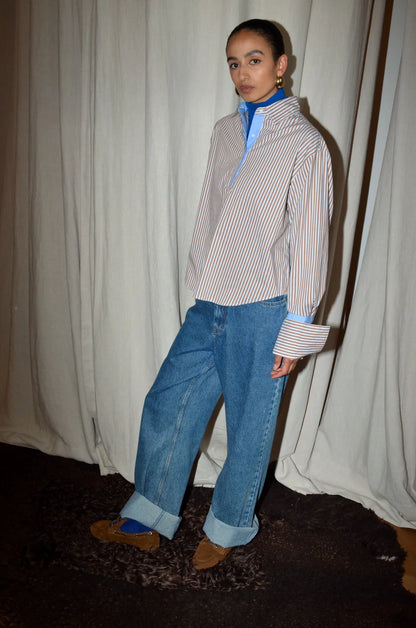 TAEGAN SHIRT - PECAN BLUE STRIPES