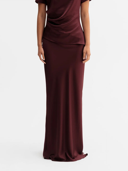 HANA LONG SATIN SKIRT - BURGUNDY