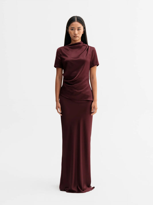 HANA LONG SATIN SKIRT - BURGUNDY