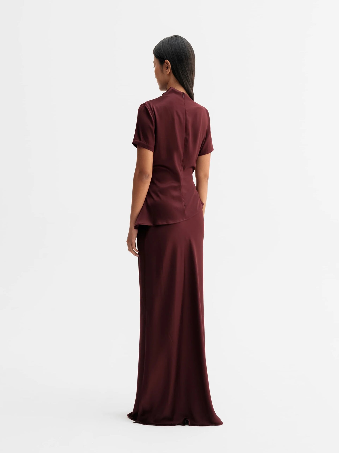 HANA LONG SATIN SKIRT - BURGUNDY