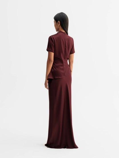 HANA LONG SATIN SKIRT - BURGUNDY