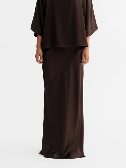 HANA LONG SATIN SKIRT - BROWN