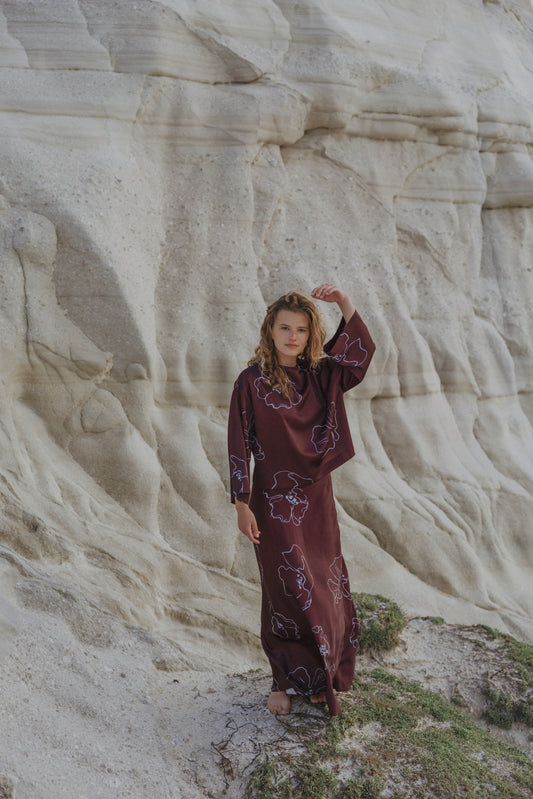 SUNSHINE SKIRT BORDEAUX WITH LIGHT BLUE FLOWER