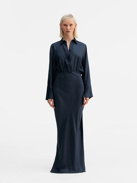 MIA SILK TWILL DRESS BLUE GREY