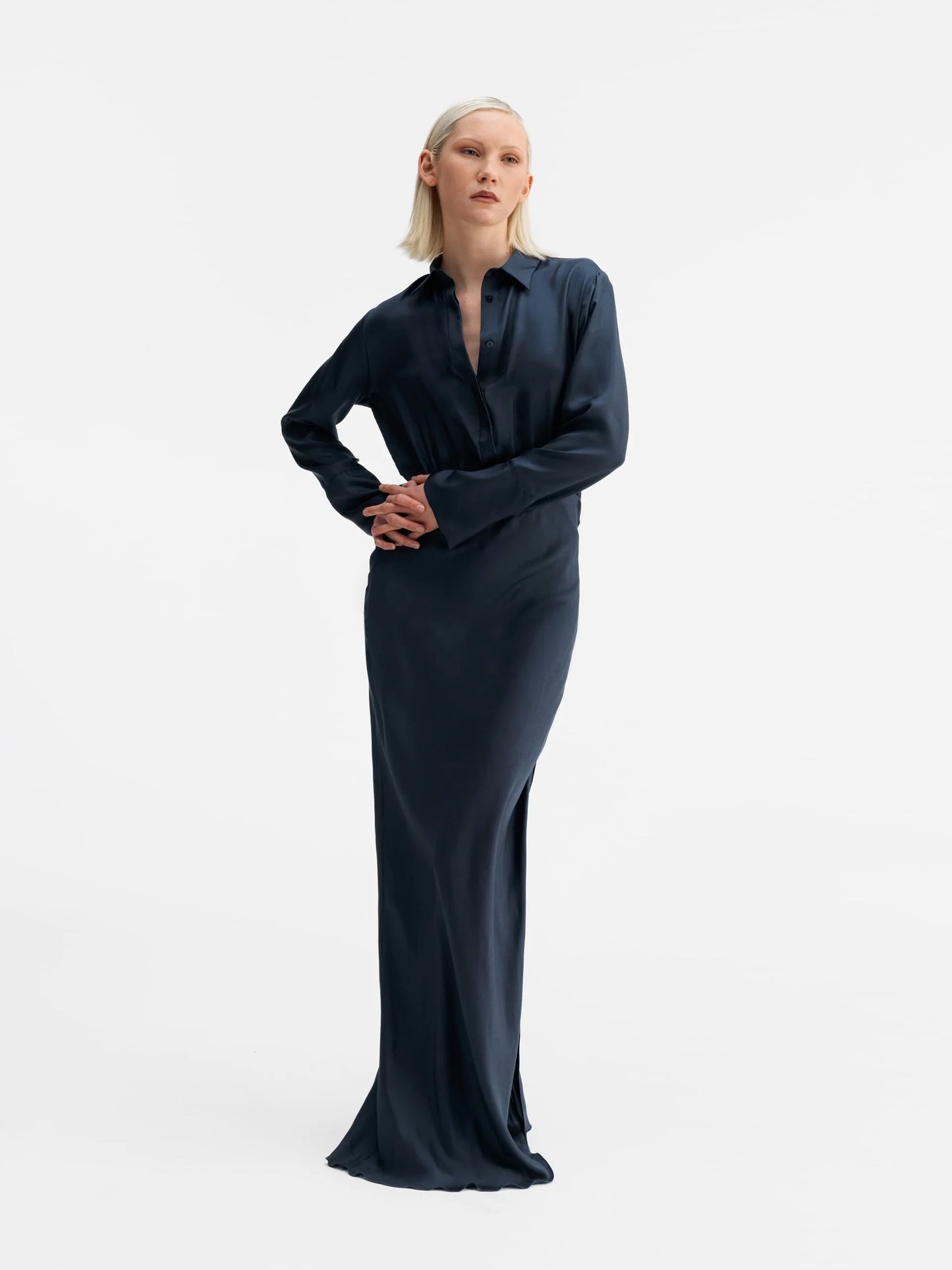 MIA SILK TWILL DRESS BLUE GREY