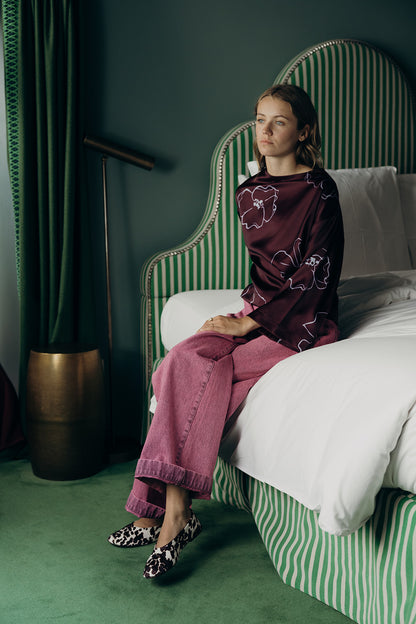 MARTINI BLOUSE BORDEAUX WITH LIGHT BLUE FLOWER