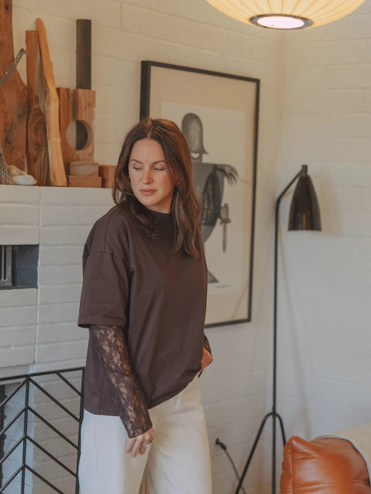 LEONARDO LACE LAYERED TEE BROWN